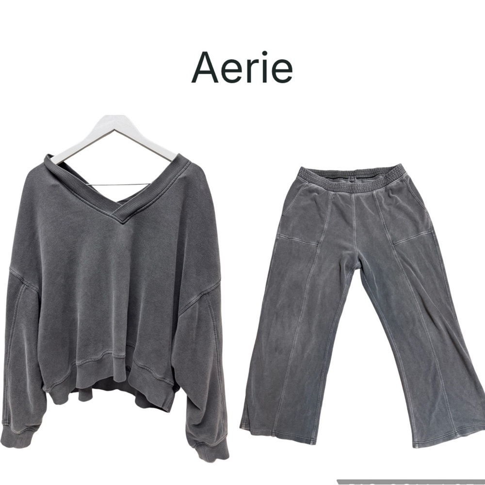Aerie Charcoal Gray 2 Piece V-Neck Sweatshirt & Wide-Leg Lounge Pants Large